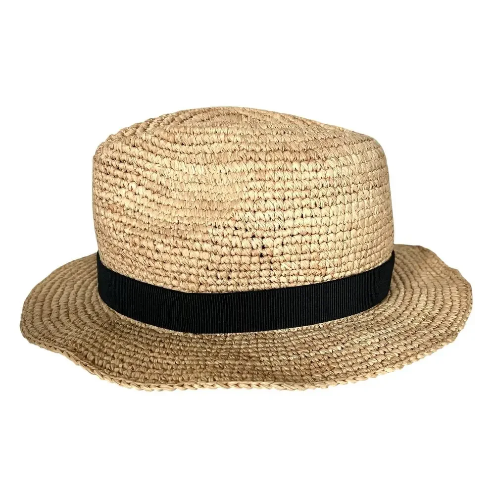 J Crew Womens Packable Straw Fedora Natural Raffia Black Band Hat S/M